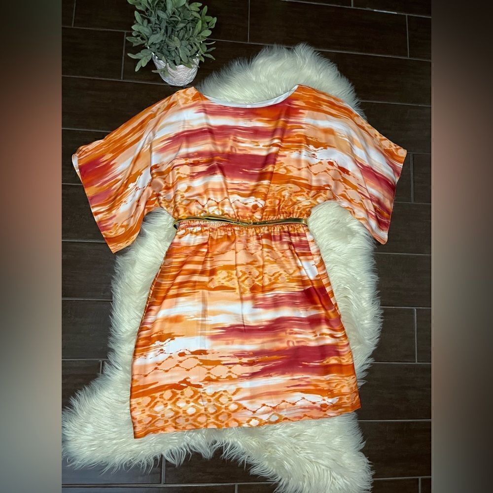 Jessica Howard orange tie dye bell sleeved rouch waisted belted dress sz 8